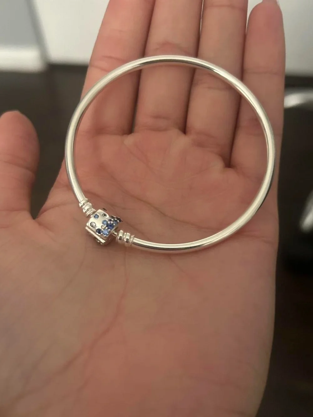 Pandora Silver Bangle with Blue Crystal Clasp